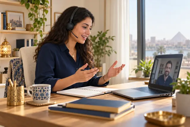 صورة توضيحية لمتعلّمة بتتدرّب على المحادثة الإنجليزية أونلاين.