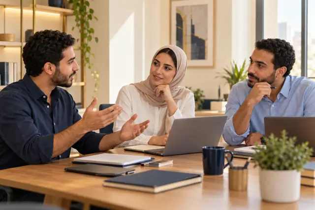 صورة توضيحية لفريق عمل بيتناقش ويتدرّب على التواصل.